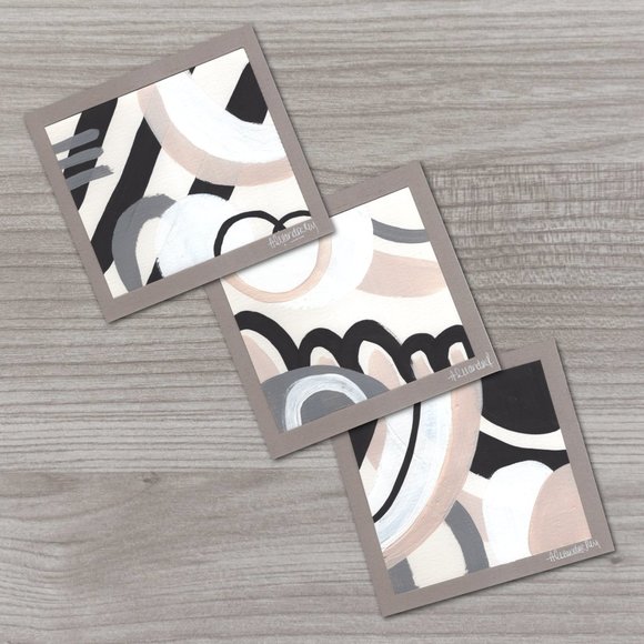 Set Of Three Geometric Abstracts Black/White/Neutral - Picture 2 of 5